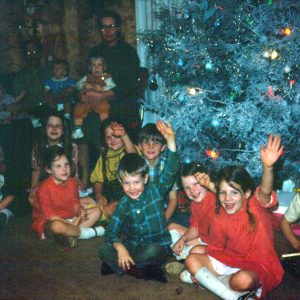 children in front of Christmas tree 1971