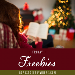 Friday Freebies, woman reading book by Christmas tree