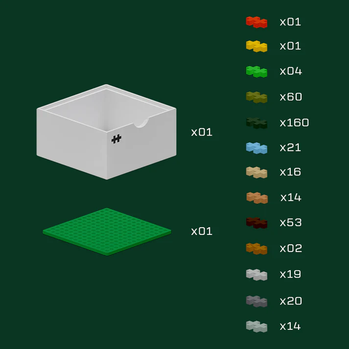 list of included pieces in Plus-Plus Isoscapes Cabin